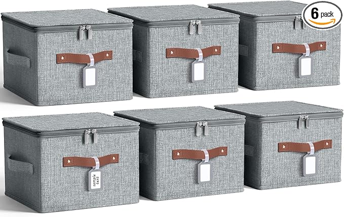 Fiwochic 6 Pack Fabric Storage Bins with Lids and Label, 10×8×7Inch Foldable Cotton Linen Cute Storage Boxes with PU Leather Handles for Closet, Bedroom, Shelf, Nursery, Gray
