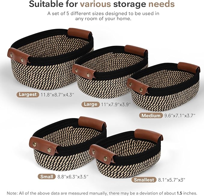 ECDYQXVU 5 Piece Storage Baskets Small Woven Basket with Detachable Leather Handle, Cotton Rope Shelf Baskets for Closet Organizers, Different Sizes Basket Decor, Black Brown
