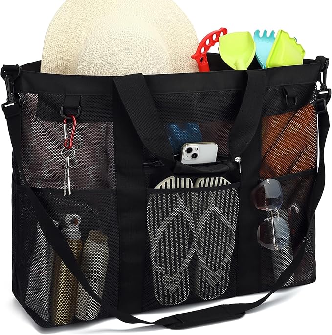 Fammart Mesh Beach Bag, Large Beach Tote Bags with Zipper, Toys Pool Bag for Family Travel Vacation Cruise Essentials