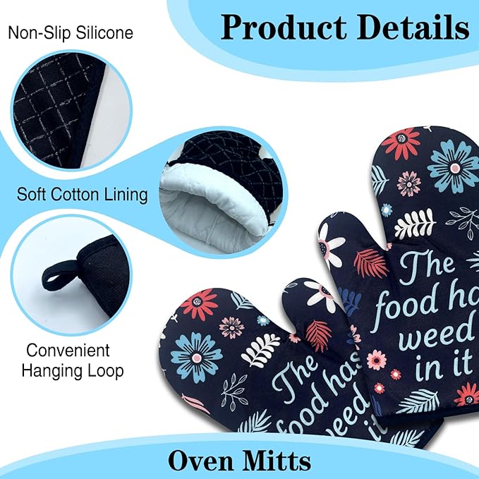2 Pack Funny Weed Oven Mitts, The Food Has Weed in It, Heat Resistant Silicone Non-Slip Mitts, Kitchen Decor Gifts for Chef Baker, Christmas Birthday Gifts for Women Mom Wife Sister Friend