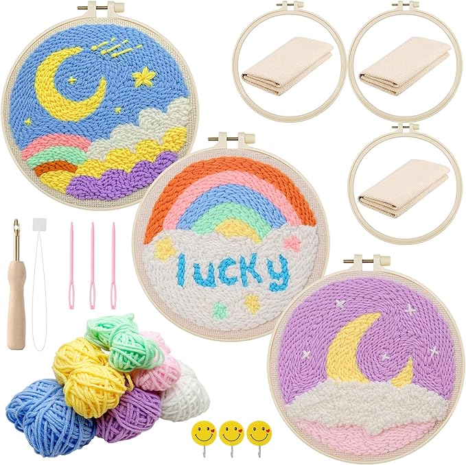 Allazone 3 Set Punch Needle Embroidery Starter Kits for Beginners, Include Punch Needle Fabric with Yarns, Embroidery Hoops, Threader Tools and Instructions, Rainbow and Moon Pattern