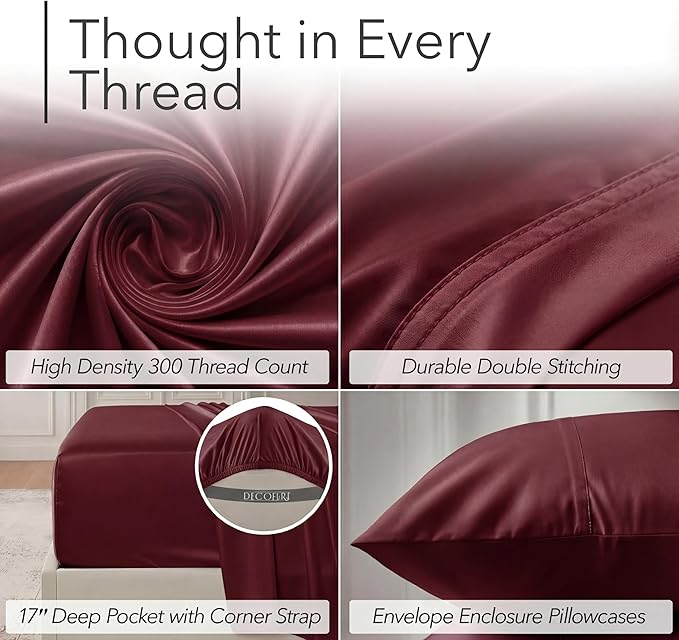 DECOLURE 100% Viscose Derived from Bamboo Sheets Twin Size - Luxury 4 Pc Naturally Cooling Sheets, Ultra Soft Bed Set - Deep 17" Pockets, Durable Double Stitching, Oeko Tex Standard (Burgundy)