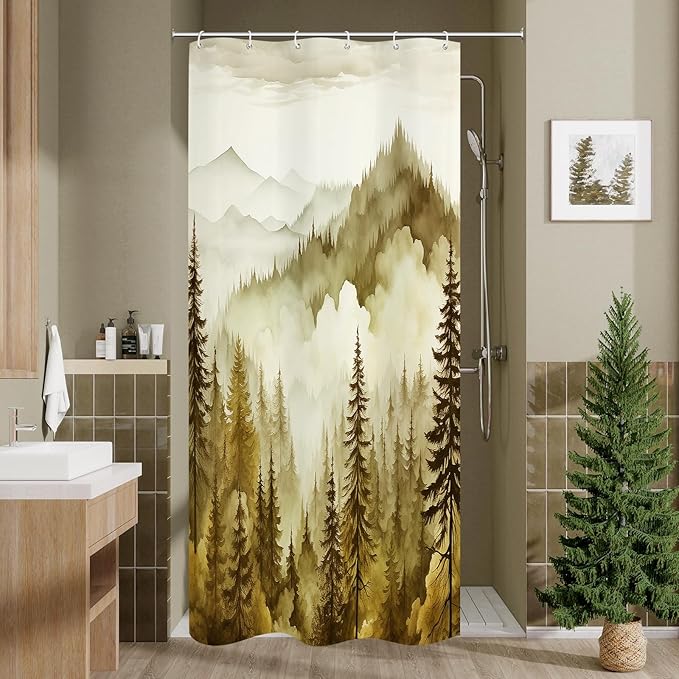 Litabel Yellow Small Stall Misty Pine Forest Shower Curtain 36 x 72, Mountain Foggy Woodland Scenery Tree Narrow Half Size Shower Curtains for Bathroom, Abstract Waterproof Nature-Themed Decor