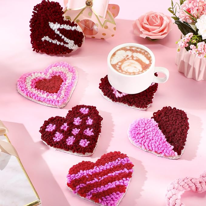 Yaomiao 6 Pcs Valentine's Day Punch Needle Coaster Kit Embroidery Kits Punch Needle Set Craft Supplies with Patterns Yarns Tools Adhesive Felt Embroidery Hoop Instruction Holder for DIY