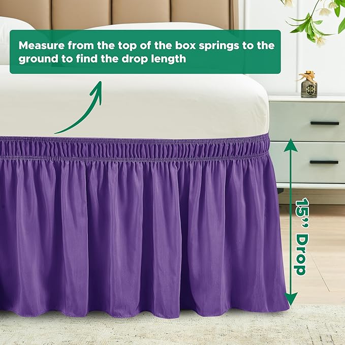 Biscaynebay Wrap Around Bed Skirts for Full & Full XL Beds 15" Drop, Purple Adjustable Elastic Dust Ruffles Easy Fit Wrinkle & Fade Resistant Silky Luxurious Fabric Machine Washable