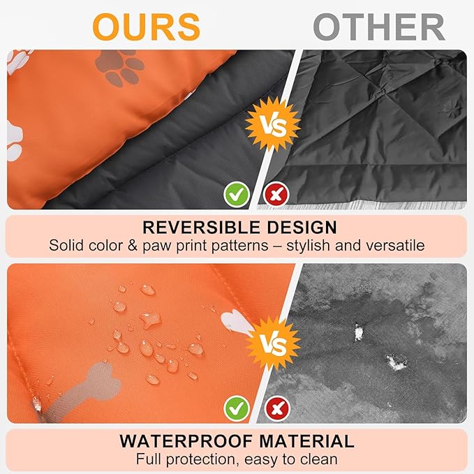 BEAUTYZOO Outdoor Dog Bed Waterproof, Camping Dog Bed Reversible, Portable Travel Bed with Carry Bag- Machine Washable, Durable, Foldable Outdoor Pet Bed Mat for Medium Large Dogs, 35" x 51" Orange
