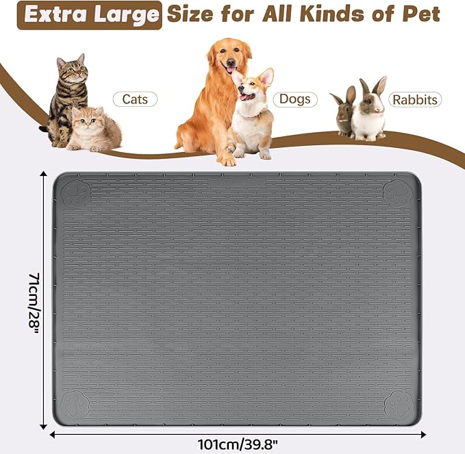 Bartuke Cat Food Mat, 40" x 28" Extra Large Silicone Pet Feeding Mat with Raised Edge Pet Placemat for Food and Water Bowl Non-Slip, Easy to Clean, Floor Protection (Dark Grey)