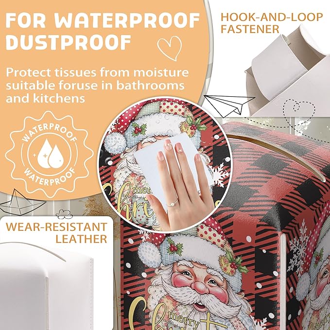 Merry Christmas Tissue Box Holder, Santa Claus Red Checkered Leather Tissue Box Cover Square, Paper Facial Decorative Tissues Cover for Night Stands Bathroom Office Home Decor-B16