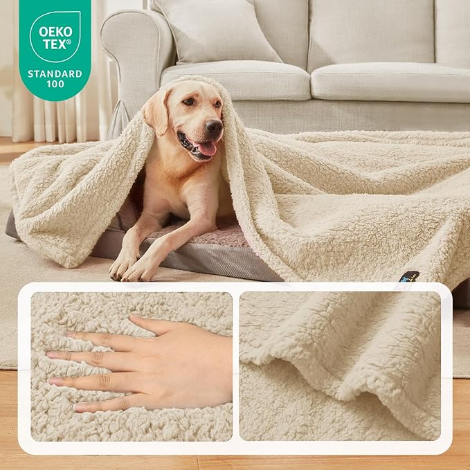 Luciphia Waterproof Pet Blanket for Medium Large Dogs Soft Cat Sherpa Calming Thick Cover Leakproof Cozy Puppy Sofa Bed Car Couch Protector(Beige,63x50 inches)