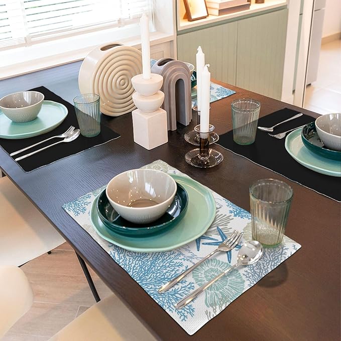 Starfish Placemats, Watercolour Summer Blue Underwater Coral Seashells Starfish Seahorse Sea Animals Print Washable Fabric Placemats Table Kitchen Dining Party 12x18 Inch Set of 4