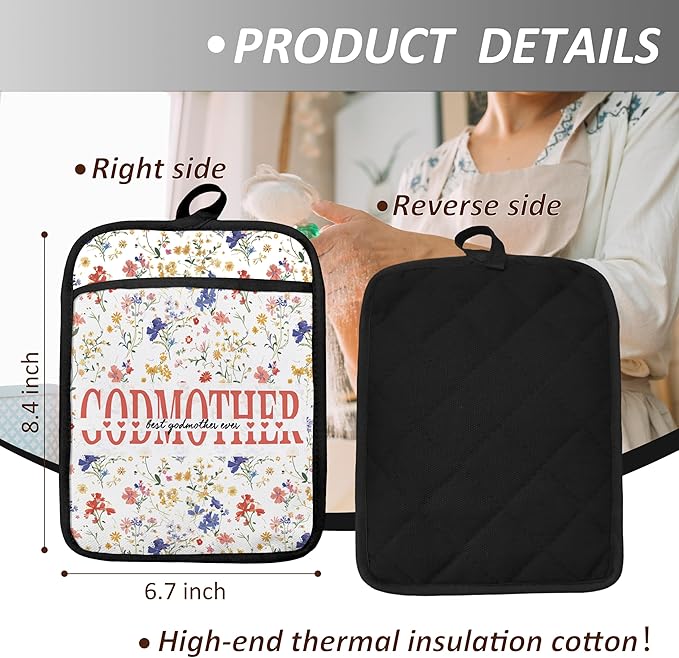 Godmother Gifts Floral Pot Holders, Mother's Day Birthday Gifts for Godmother from Grandkids Grandsons Granddaughters Canvas Pot Holders for Women,Potholders for Kitchens