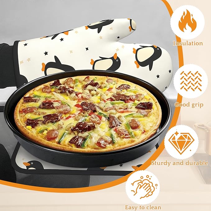 Cute Penguin Oven Mitts and Pot Holders Set,Kitchen Decor Heat Resistant Non Slip Hot Pads and Oven Mitt for Chef Cooking Baking BBQ Mom Girl Gifts(4 Piece Set)