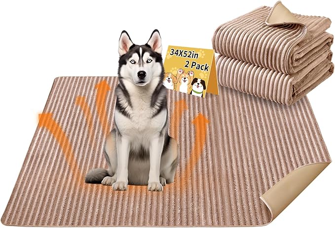 Dog Crate Mat, 2 Pack 34"×52" Flannel Washable Pet Mat for Dogs and Cats, Non-Slip Pet Pad for Kennel Training, Absorbs Urine and Waterproof Pad for Sofa Bed Crate Kennel Car Seat Floor（Khaki）