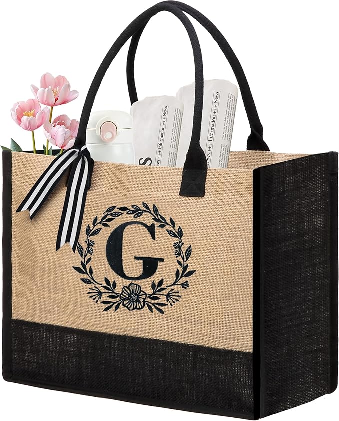 BeeGreen Embroidery Monogram Initial Tote Bag for Women Teacher Mom Friend Personalized Gift for Birthday Beach Wedding Work