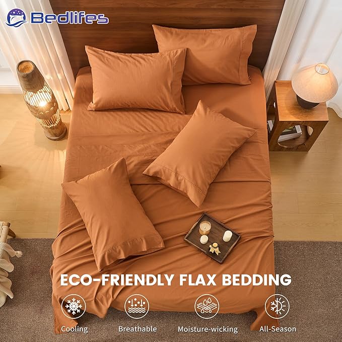 Bedlifes 100% French Pure Linen Sheets Queen Size Breathable and Cooling Flax Sheet Set Soft Durable and Moisture Wicking 16 Inch Deep Pocket-4 Piece(Queen,Brown)