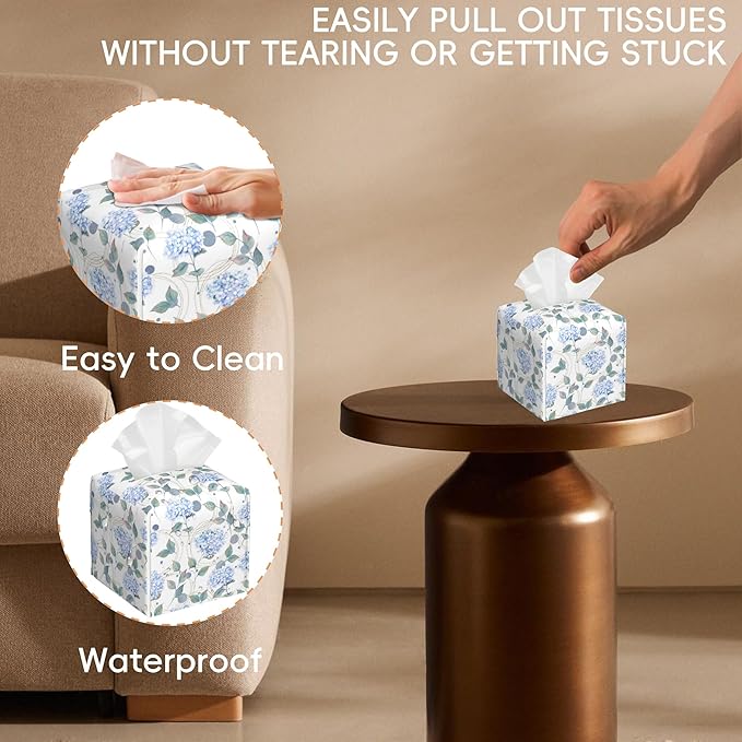 OHEGBXE Contemporary Floral Tissue Box Cover Holder Cube Facial Paper Organizer Dispenser, Abstract Hydrangea Flower, Square, PVC Leather, 5.2"L x 5.2"W x 5.2"H