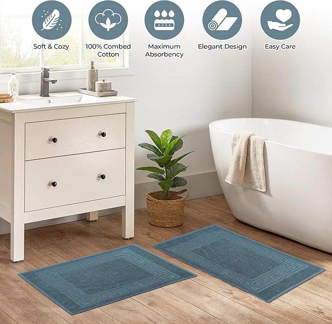 Superior Heavyweight Cotton Bath Mats, 2-Piece Rugs For Bathroom Accessories, Washable Rug For Shower, Toilet, Modern Decor, No Backing, Luxury Hotel And Spa Quality, Set of 2, 22" x 35", Sapphire