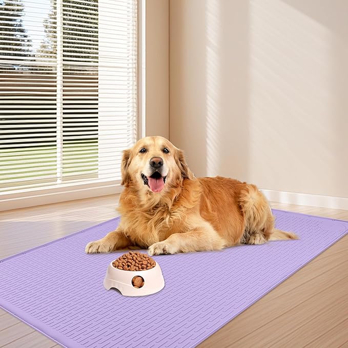 Bartuke Dog Food Mat, Extra Large 40" x 28" Silicone Pet Feeding Mat with Raised Edge Pet Placemat for Small, Medium, and Large Pets Non-Slip, Easy to Clean (Purple)