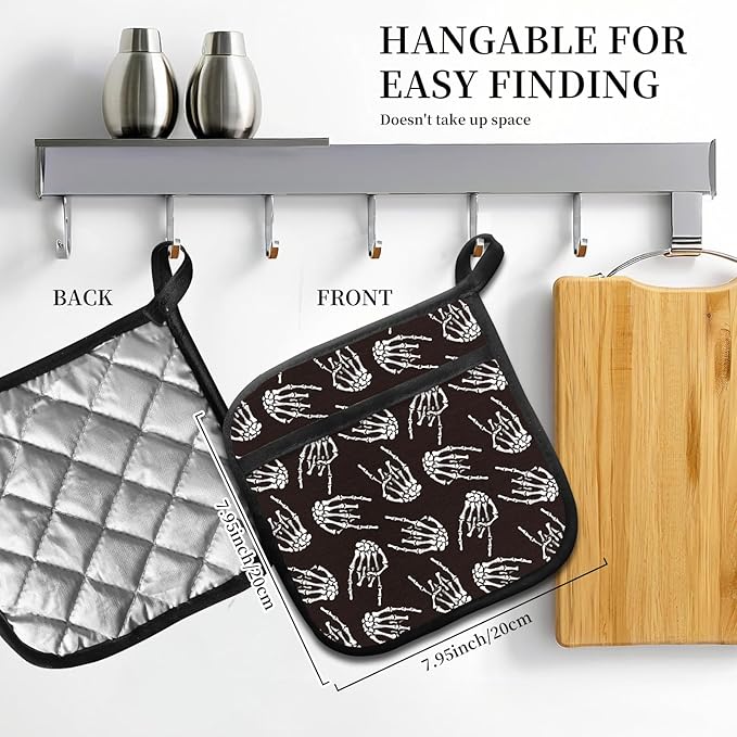 2 Pack Pot Holders for Kitchen Clearance, Cute Hot Pads, Funny Oven Pot Holders, Potholders Sets for Kitchen Heat Resistant Black Skulls Rock