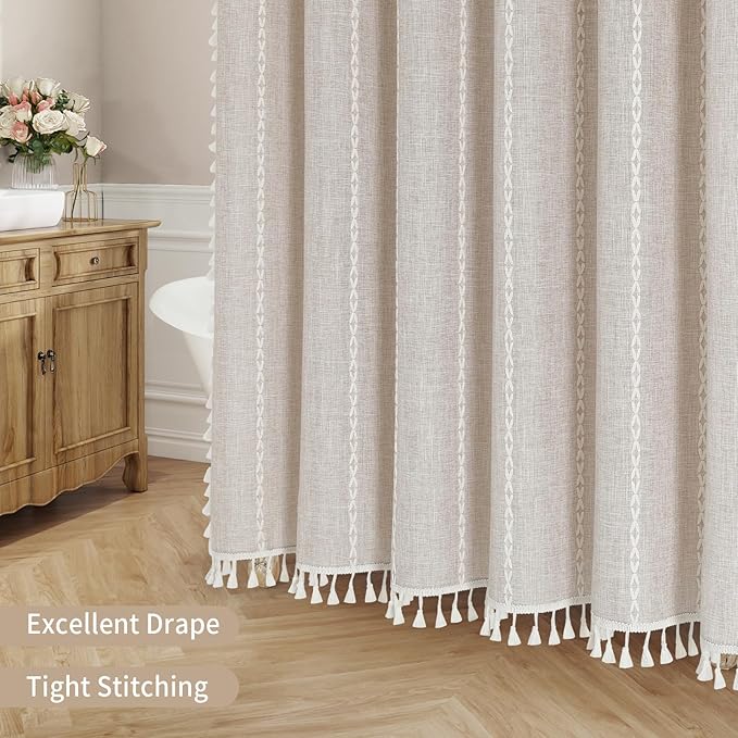 MitoVilla Boho Long Shower Curtain 72 x 78, Farmhouse 78 inch Long Polyester Linen Fabric Shower Curtains with Tassel for Chic Cottagecore French Rustic Bathroom Decor, Tan Brown