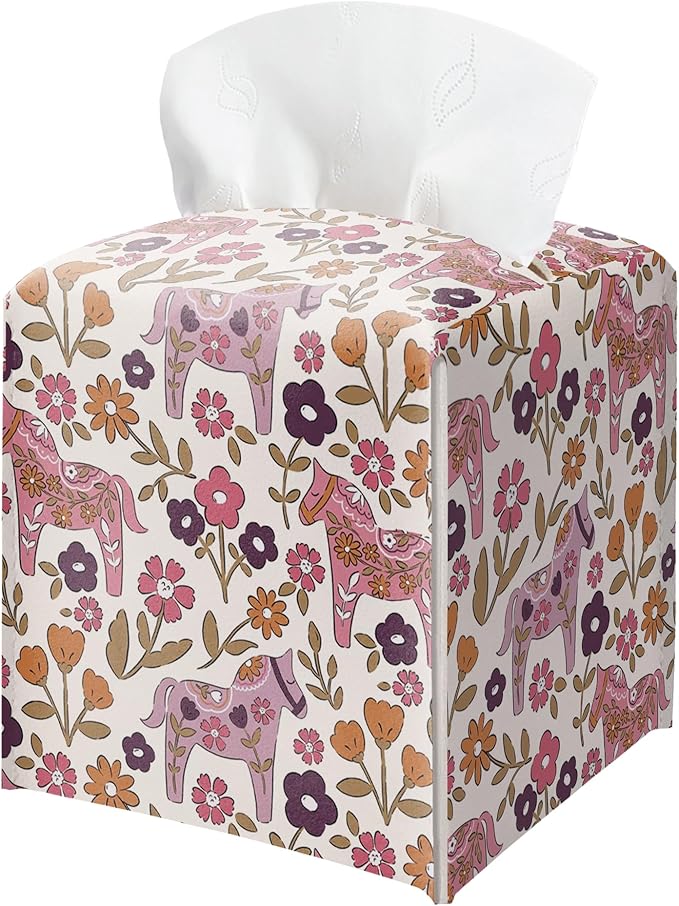 Pink Tissue Box Holder, Pink Floral Dala Horse Leather Tissue Box Cover Square, Paper Napkins Everyday Dispenser for Bathroom Vanity Countertop Night Stands Kitchen Office Home Decor