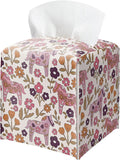 Pink Tissue Box Holder, Pink Floral Dala Horse Leather Tissue Box Cover Square, Paper Napkins Everyday Dispenser for Bathroom Vanity Countertop Night Stands Kitchen Office Home Decor