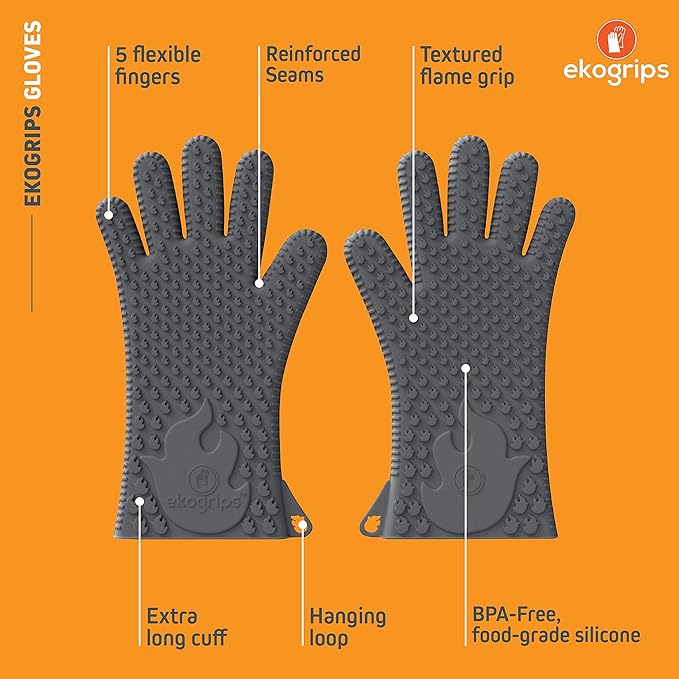 Jolly Green Products Ekogrips Premium Grilling Gloves Heat Resistant BBQ Gloves for Indoor and Outdoor Cooking, Meat Handling Gloves, Kitchen Oven Gloves with Fingers, Silicone Oven Mitts