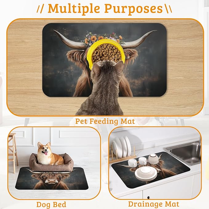 Highland Cow Feeding Mat, Absorbent Quick-Dry Cat Dog Food and Water Bowl Mats,Non-Slip Rubber Backing Mat,Cat Dog Accessories Supplies 12" x 20"