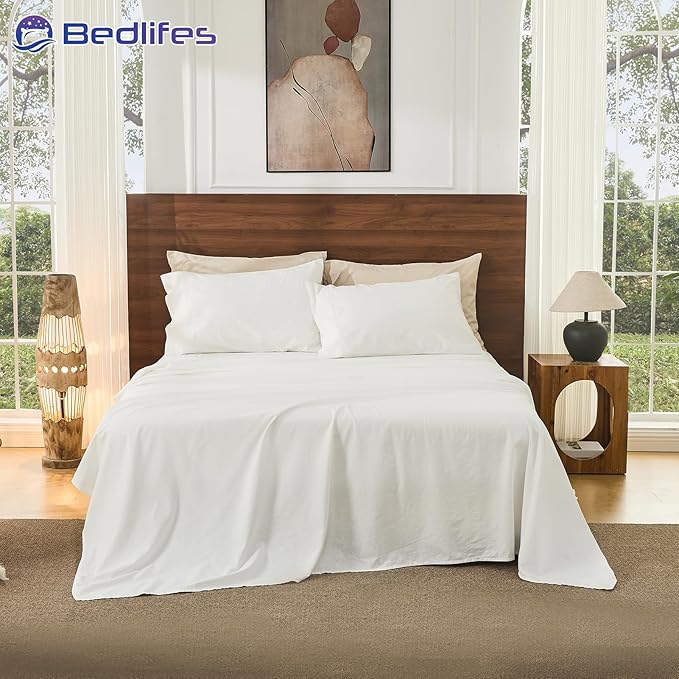 Bedlifes 100% French Pure Linen Sheets California King Size Breathable and Cooling Flax Sheet Set Soft Durable and Moisture Wicking 16 Inch Deep Pocket-4 Piece(Cal King,White)