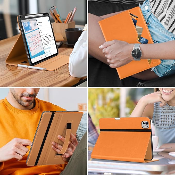 DTTO for iPad Pro 13 inch Case (M5/M4) 2025/2024, Premium Leather Business Folio Stand Cover with Pencil Holder - Auto Wake/Sleep & Multiple Viewing Angles, Built in Hand Strap & Pocket, Orange