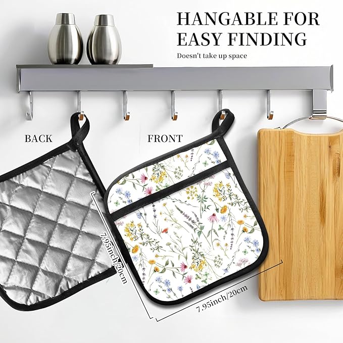 2 Pack Pot Holders for Kitchen Clearance, Cute Hot Pads, Funny Oven Pot Holders, Potholders Sets for Kitchen Heat Resistant Beautiful Flowers