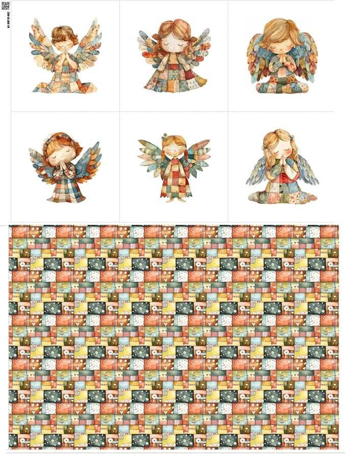 ‍ Patchwork Angel Cotton Fabric Panel – 6 Designs (10×10 inch Each) + Bonus Sheet 29.5×19.6 inch, 100% Cotton 140 GSM, Made in Türkiye