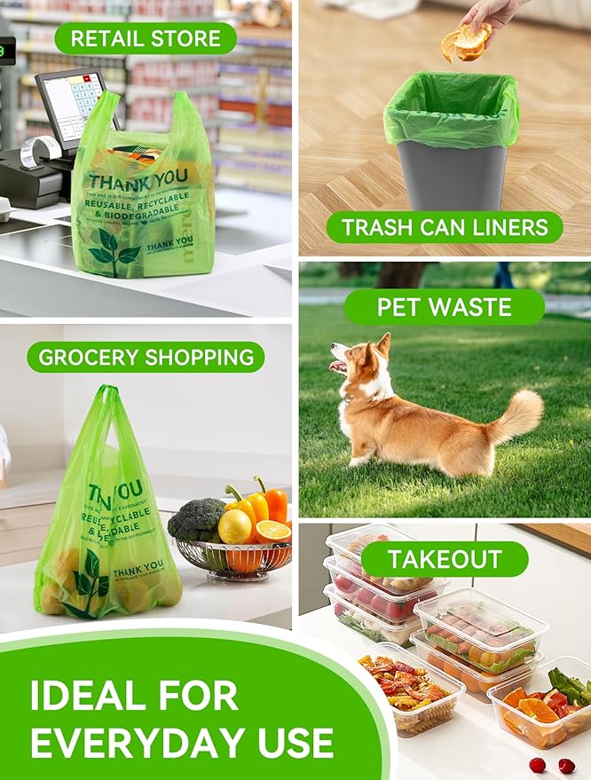 UMT Plastar 100 Count 100% Biodegradable Thank You Bags – Compostable, Recyclable, Eco-Friendly Grocery T-Shirt, 11.5" x 6.25" x 21", 16 Mic