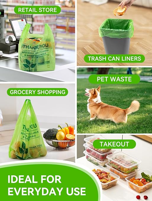 UMT Plastar 500 Count Recyclable Compostable 100% Biodegradable T-Shirt Bags, Eco-Friendly Grocery Shopping Bags, 11.5" x 6.25" x 21", 16 Mic