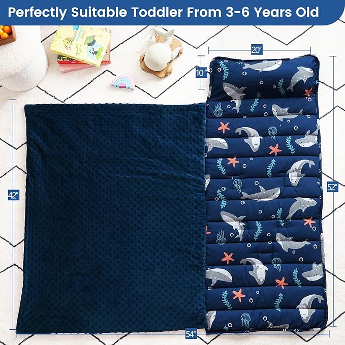 PHF Toddler Nap Mat with Removable Pillow and Minky Fleece Blanket, Rollup Design Warm Slumber Bags for Boys, 52"x20"x2" Kids Sleeping Bag for Daycare Preschool Travel Camping, Shark