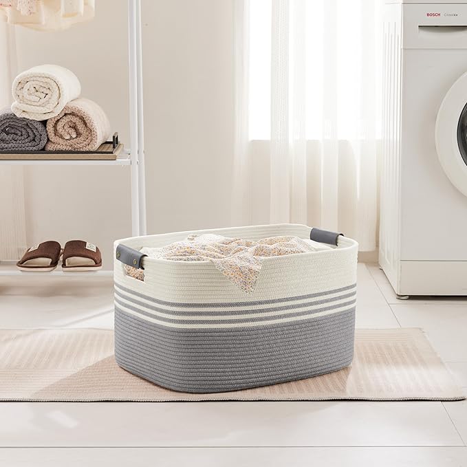 SunNewt 60L Large Laundry Basket with Leather Handles for Living Room Storage, Woven Rope Baskets Bin for Blanket, Kids Toy, Gifts, Wicker Hamper for Bedroom Dirty Clothes, 21"x15"x11" White Grey