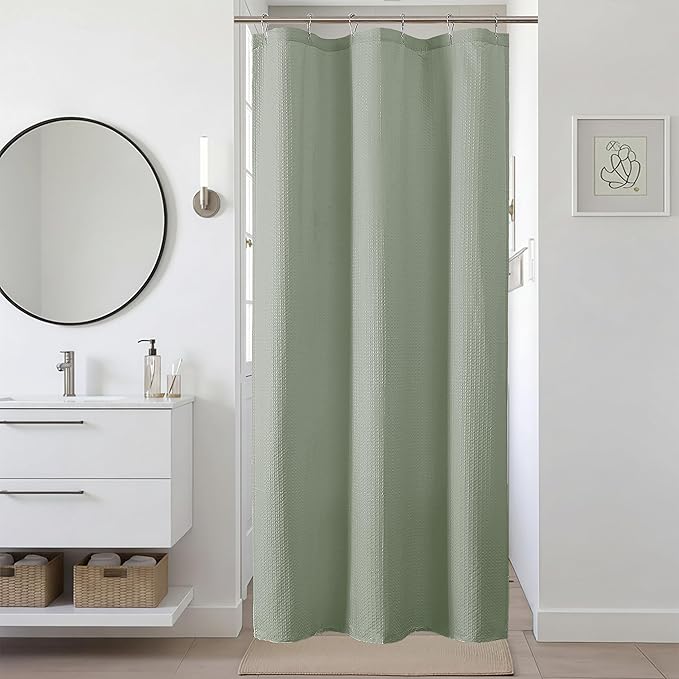 Ebesto Sage Green Stall Shower Curtain 36 x 72 Inch, Textured Soft Fabric Waffle Narrow Size Modern Shower Small Curtain for Bathroom Hotel, Machine Washable, Water Resistant, 36Wx72L Inches