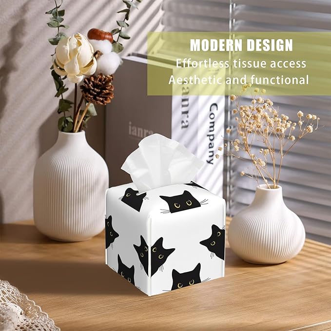 BLYKVGHQ Black Cat Tissue Box Cover Square, Tissue Box Holder with Bottom Belt Leather Facial Paper Organizer Dispenser for Bathroom Bedroom Dresser Night Stand Tabletop