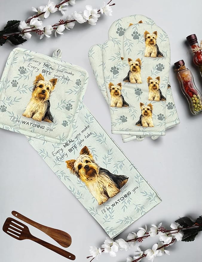 Yorkie 3-Piece Kitchen Set - Oven Mitt, Pot Holder & Kitchen Towel Set, Heat Resistant up to 420 F, Soft Quilted Cotton for Cooking, Baking, BBQ, Pet Lover Gifts (Yorkie)