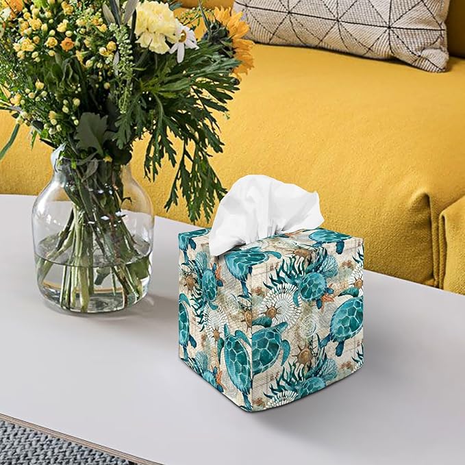 Tissue Box Cover Square Decorative Tissue Box Holder Cute Funny Cube Tissue Case Cover-Sea Turtle Tissue Box Cover