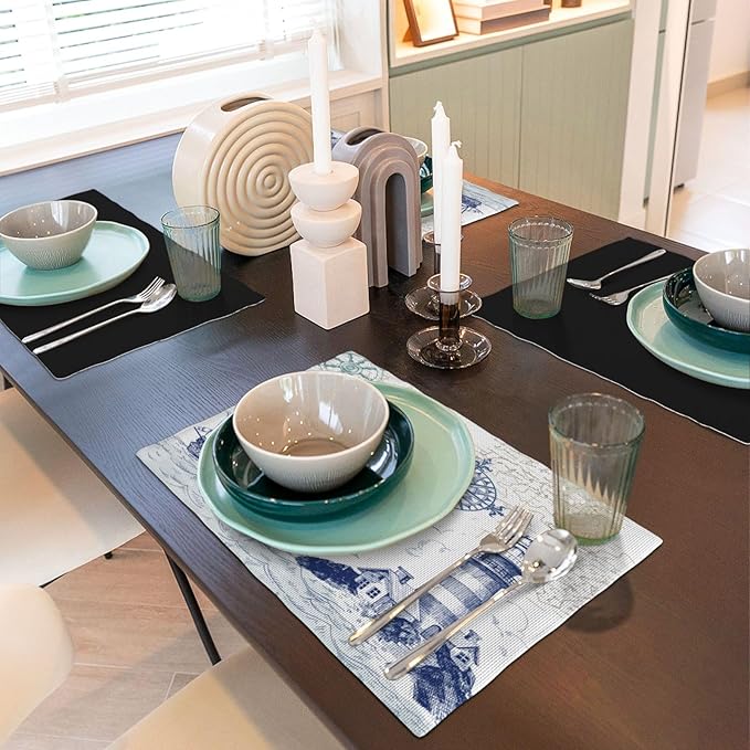 Nautical Placemats, Simple Hand Painted Blue Ocean Sailboat Map Lighthouse Compass Print Washable Fabric Placemats Table Kitchen Dining Party 12x18 Inch Set of 4