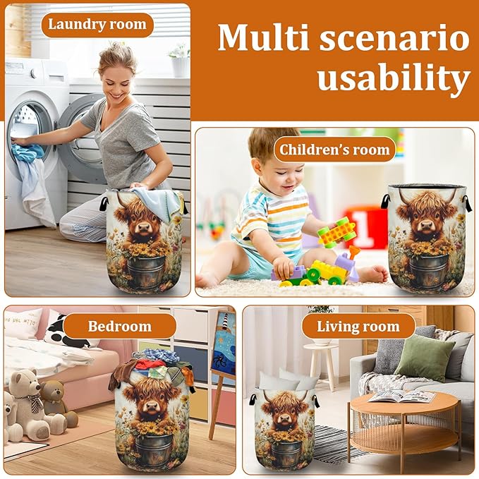 Sunflower Highland Cow Laundry Basket with Sturdy Handles, Collapsible Oxford Cloth Laundry Hamper Organizer Basket for Bathroom Bedroom 15.7x20 Inch