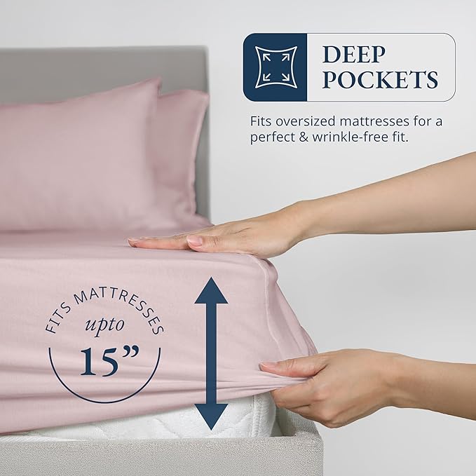 LANE LINEN 100% Organic Cotton Fitted Sheet Queen, Fully Elasticized French Reinforsed Seams Soft & Comfy Snug Fit Eco Friendly Queen Size Fitted Sheet only (Pillowcases Included)- Sepia Rose