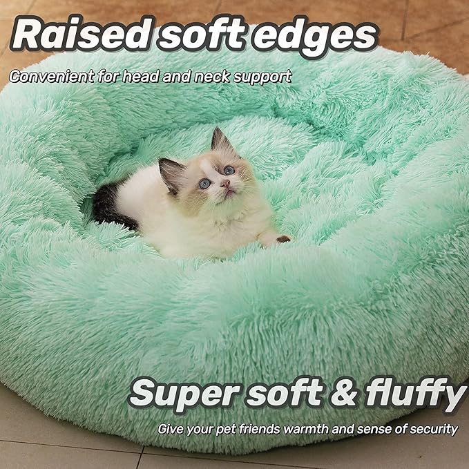 Raimaiso Anti Anxiety Round Fluffy Plush Faux Fur Warm Washable Dog Bed & Cat Bed, Original Bed for Small Medium Large Pets,Used to Relieve Joints and Improve Sleep（20"/24"/27''） (24", Light Green)