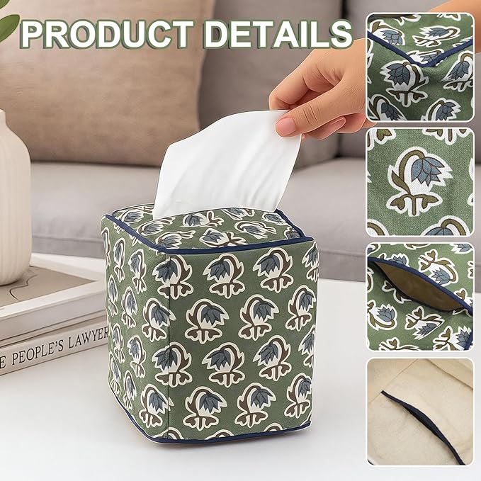 Mimorou Green Fabric Tissue Box Cover - Floral Print Tissue Box & Decorative Square Napkin Holder Handmade Cotton for Home Bedroom Vanity Countertop Night Stands Office