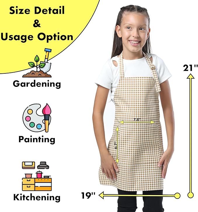 Kids Aprons for Cooking Waterdrop Resistant Aprons for Girl & Boy Toddler Apron for Painting, Gardening, Baking, Smock (Plaid Brown, Medium (6-10 years)