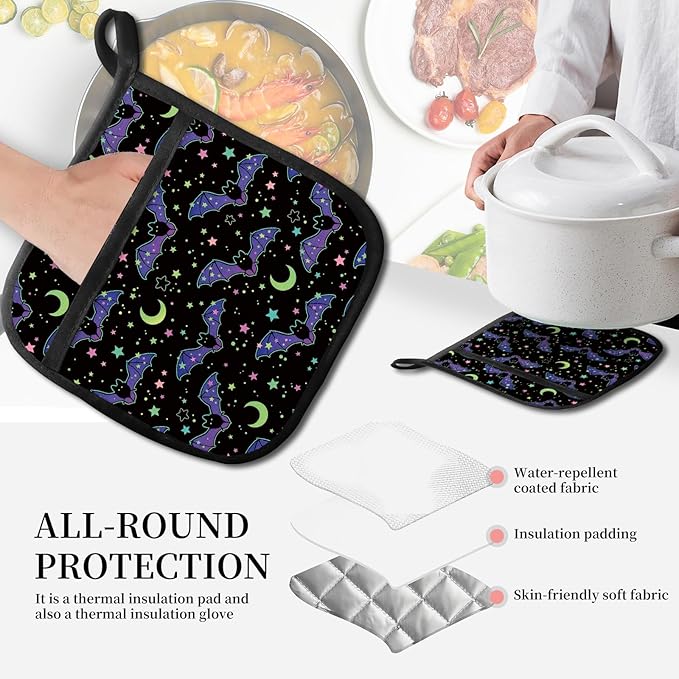 Pot Holders for Kitchen, Heat Resistance Hot Pads, Cute Potholder with Pocket for Kitchen Cooking Baking, Purple Bats