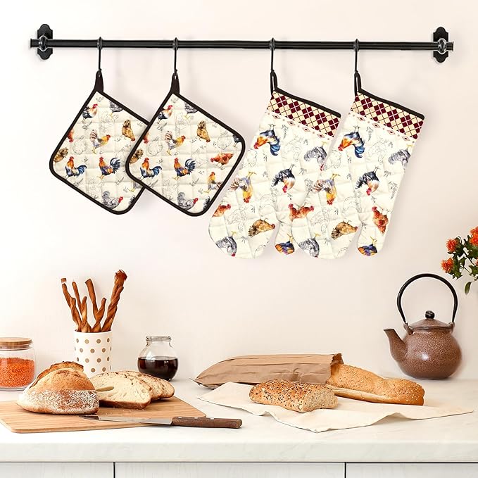 Roosters Oven Mitts and Pot Holders Sets 4Pcs, 100% Cotton Heat Resistant, Extra Long Oven Gloves Potholder for Kitchen Cooking Baking Decoration