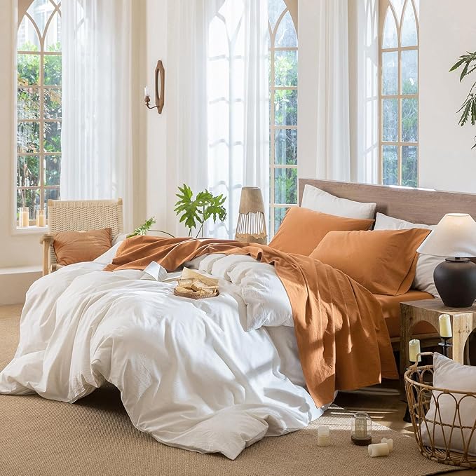 MooMee Bedding Sheet Set 100% Washed Cotton Linen Like Textured Breathable Durable Soft Comfy (Solid Burnt Orange, Full)