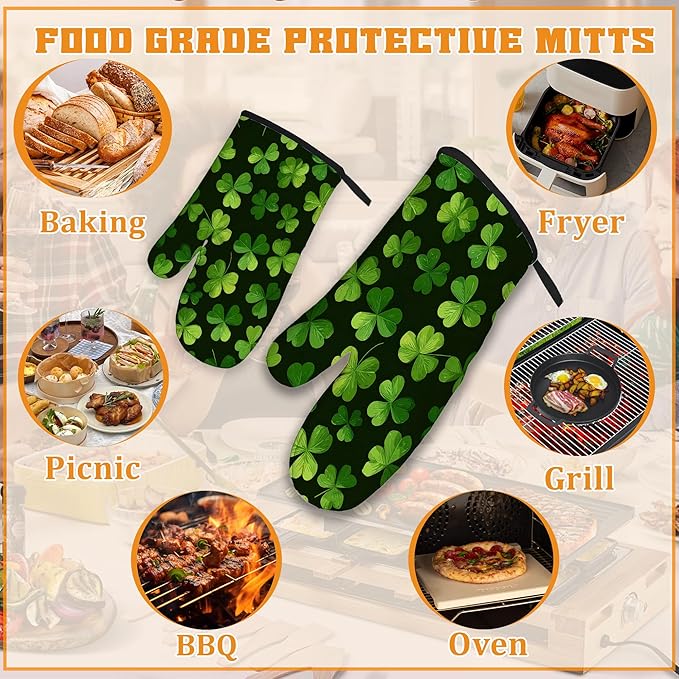Lucky Clover Oven Mitts and Pot Holders,Patrick's Day Heat Resistant Oven Mitts Gloves and Pot Holder for Home Kitchen Decorations Cooking Baking BBQ Gifts,Set of 4